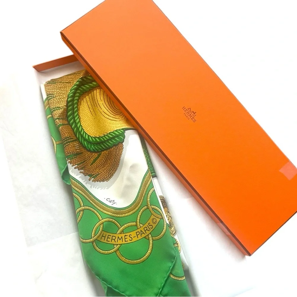 Hermès Paris Green & Gold Military Epaulettes Silk Scarf Carre 90 w/Box - Picture 13 of 13